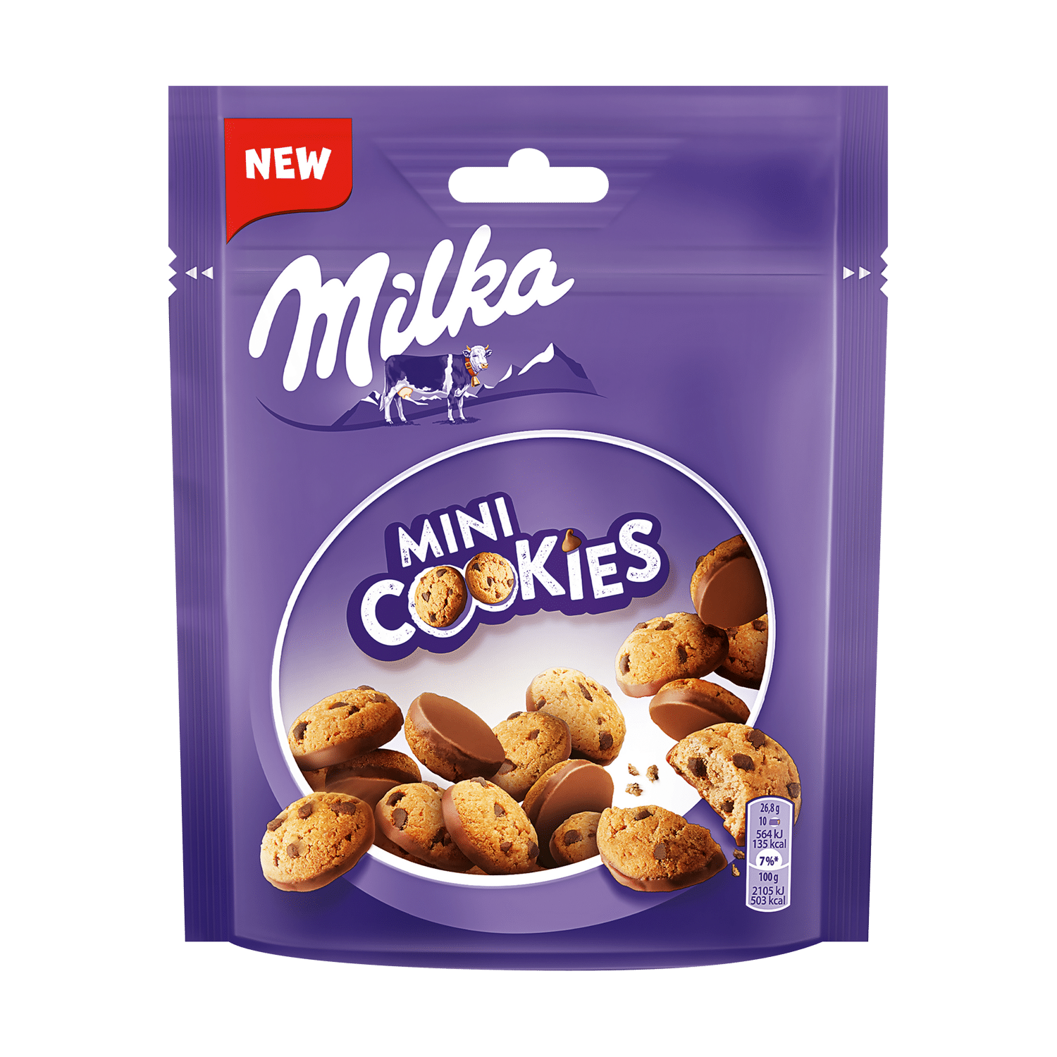 MILKA Mini Cookies with pieces of chocolate partially covered with milk chocolate, 100g