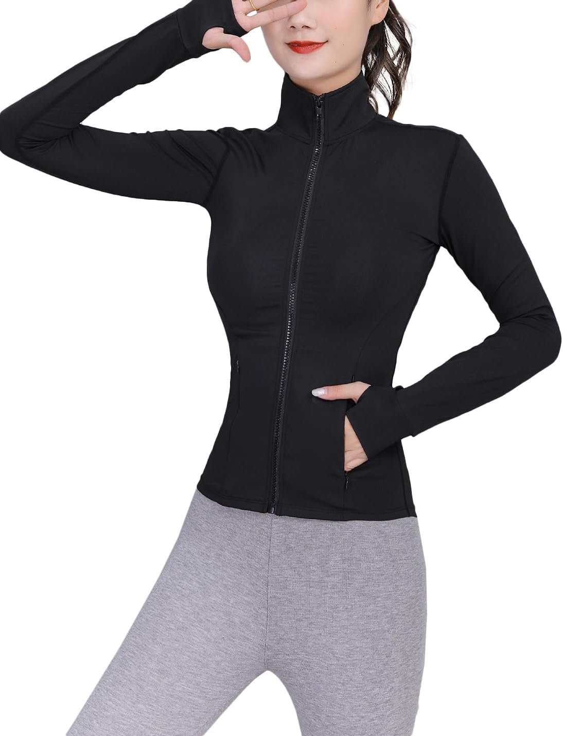 Womens Lightweight Full Zip Running Track Jacket Workout Slim Fit Yoga Sportwear with Thumb Holes - Image 2