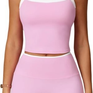 Women 2 Piece Workout Sets Padded Criss Cross Back Crop Tank High Waist Tummy Control Shorts Yoga Outfits