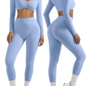 2 Piece Workout Sets for Women Long Sleeve Padded Sports Bra High Waisted Gym Outfits with Pocket