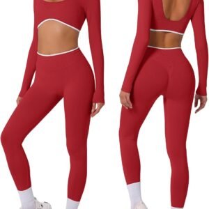 Workout Sets for Women Long Sleeve Crop Top Scrunch Butt Lifting High Waist Leggings 2 Piece Gym Yoga Outfits