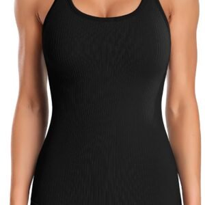 Ribbed Workout Tank Tops for Women with Built in Bra Tight Racerback Scoop Neck Athletic Top