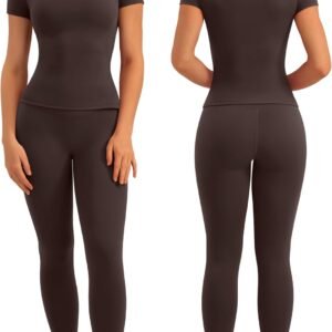 Womens Two Piece Workout Sets Slim Fit Short Sleeve Shirt High Waist Leggings Yoga Outfits Matching Gym Set