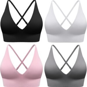 Women's Sports Bras Adjustable Deep V Neck Bras Wireless Spaghetti Strap Criss Cross Padded Low Support Sexy Bras