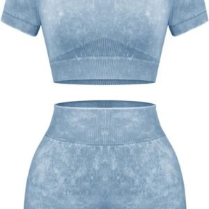 Womens Workout Sets 2 Piece - Seamless Acid Wash Yoga Outfits Shorts and Crop Top Matching Gym Athletic Clothing Set