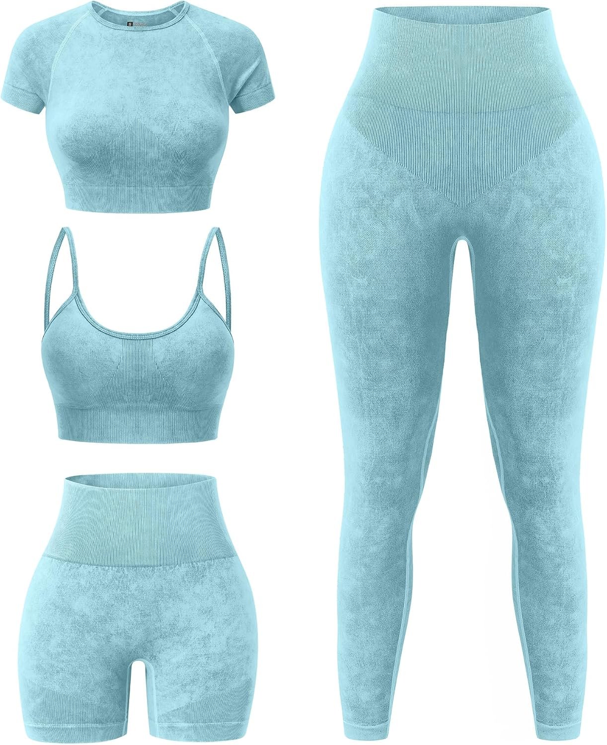Women's 4 Piece Workout Sets Seamless Acid Wash Tops Sports Bra High Waist Shorts Leggings Active Set